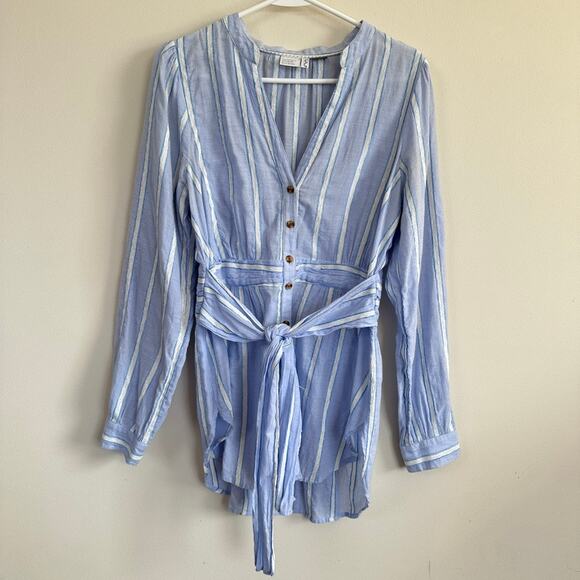 Anthropologie Tops - Anthropologie Building 18 South Seas Blue Button Down Belted Stripe Top Tunic 10